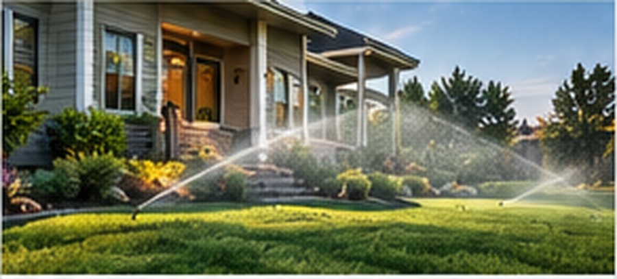 Residential lawn sprinklers watering the lawn