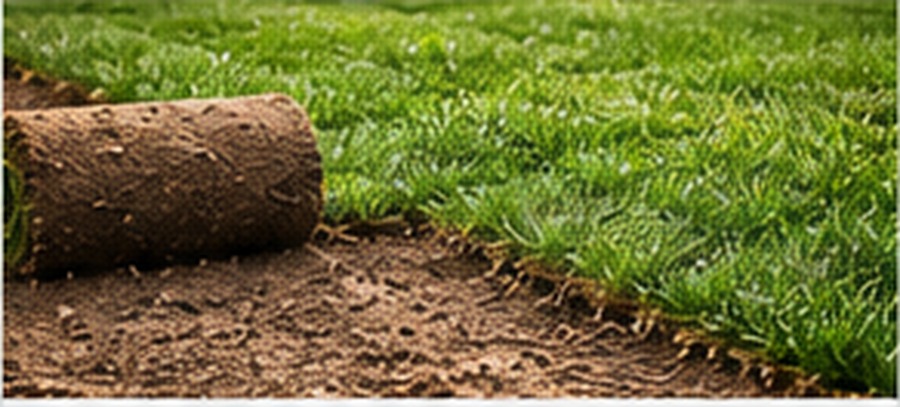 Fresh sod being installed beside exposed soil