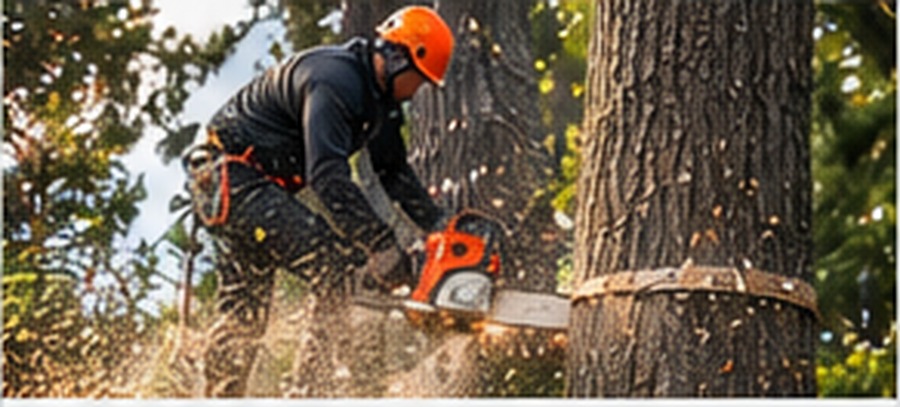 Tree worker cutting a tree with a chainsaw